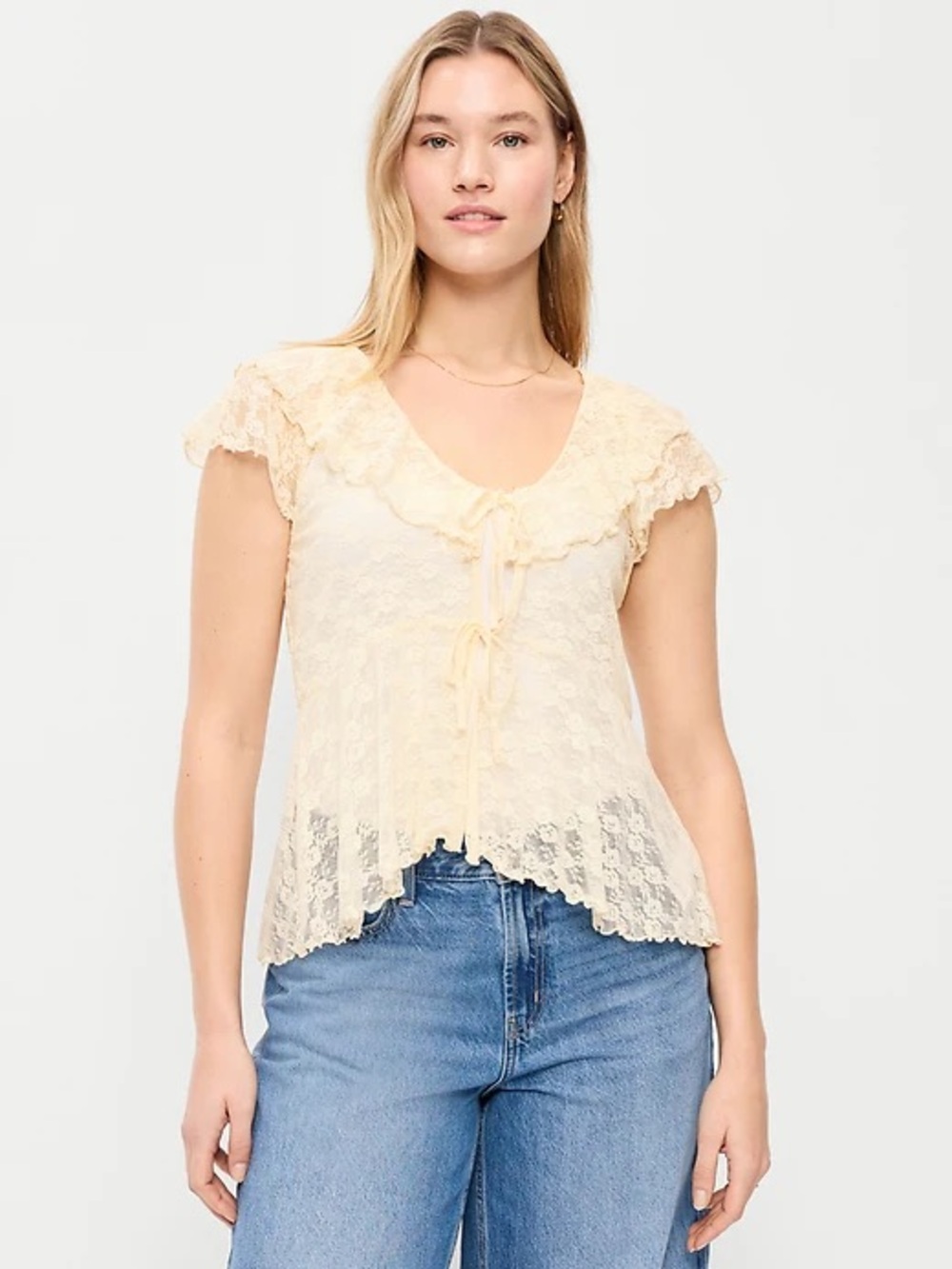 Old Navy Cream Lace Tie-Front Cap Sleeve Blouse